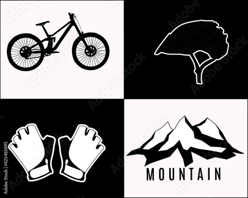downhill sport or mountain bike gear icon set. consists of bicycle icons, helmet, gloves and mountain silhouettes. for icon content and an extreme sport cycling mascot.