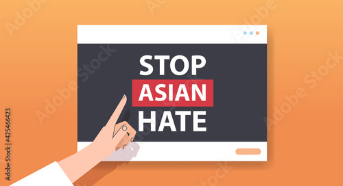 human hand pointing on text banner against racism stop asian hate support during covid-19 coronavirus pandemic