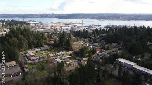 Cinematic bird's-eye footage of Bremerton, the Puget Sound Naval Shipyard, Port Orchard, Sinclair Inlet in Kitsap County, Washington State photo