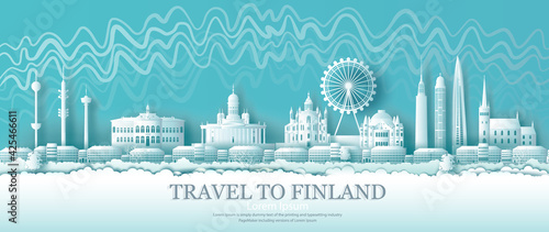 Finland architectural sights in Helsinki with Northern Lights background.