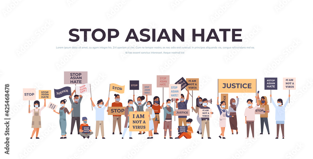 stop asian hate mix race people in masks holding banners against racism support people during covid-19 pandemic stop asian hate mix race people in masks holding banners against racism support people during covid-19 pandemic