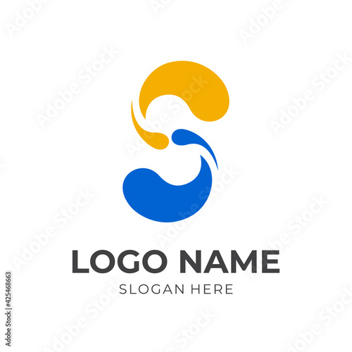 letter S logo design with flat yellow and blue color style