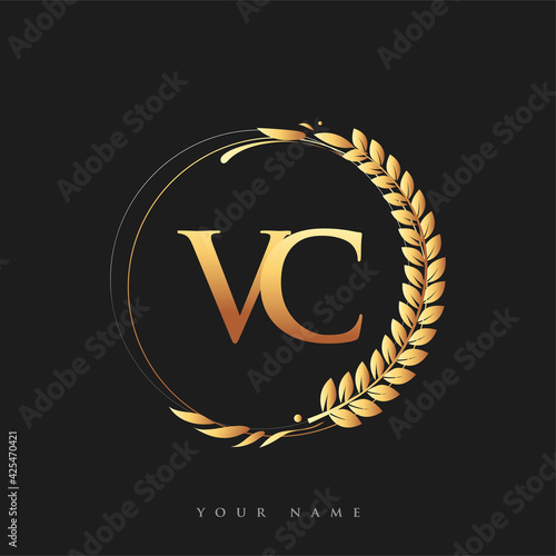 Initial logo letter VC with golden color with laurel and wreath, vector logo for business and company identity.
