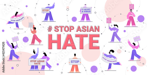stop asian hate people holding banners against racism support people during coronavirus pandemic concept