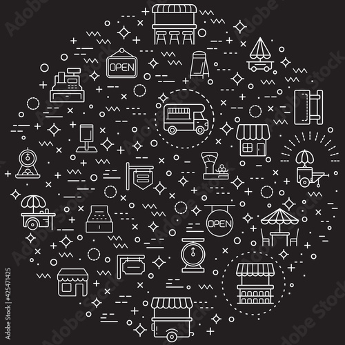 Simple Set of vendor and store Related Vector Line Illustration. Contains such Icons as shop, sign board, shopping, street food, vendor booth, food cart, market and Other Elements.