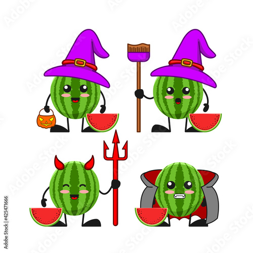 vector illustration of cute watermelon fruit halloween theme bundle set. cute watermelon fruit Concept White Isolated. Flat Cartoon Style Suitable for Landing Page, Banner, flyer, Sticker.