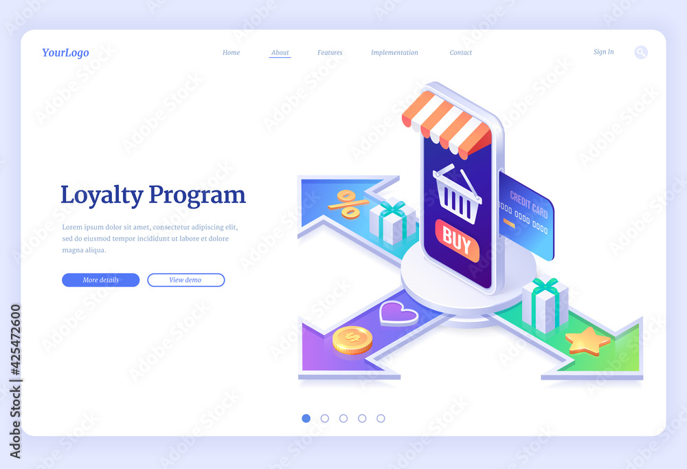 Loyalty program isometric landing page. Service application for online shopping with bonus points, credit card in store smartphone, gift boxes, bag on screen and golden stars, 3d vector web banner