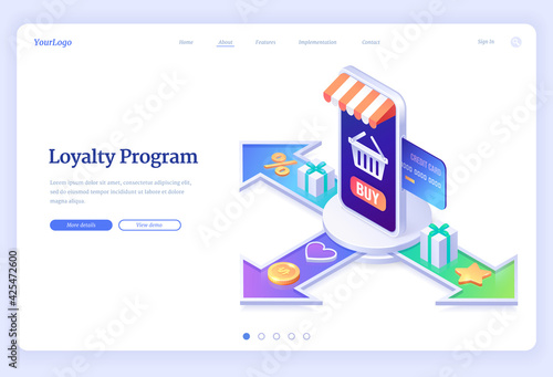 Loyalty program isometric landing page. Service application for online shopping with bonus points, credit card in store smartphone, gift boxes, bag on screen and golden stars, 3d vector web banner