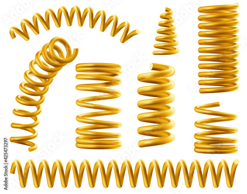 Gold spring coils, flexible spiral metal wire. Vector realistic set of golden elastic springy coils different shapes for suspension or machine absorber isolated on white background