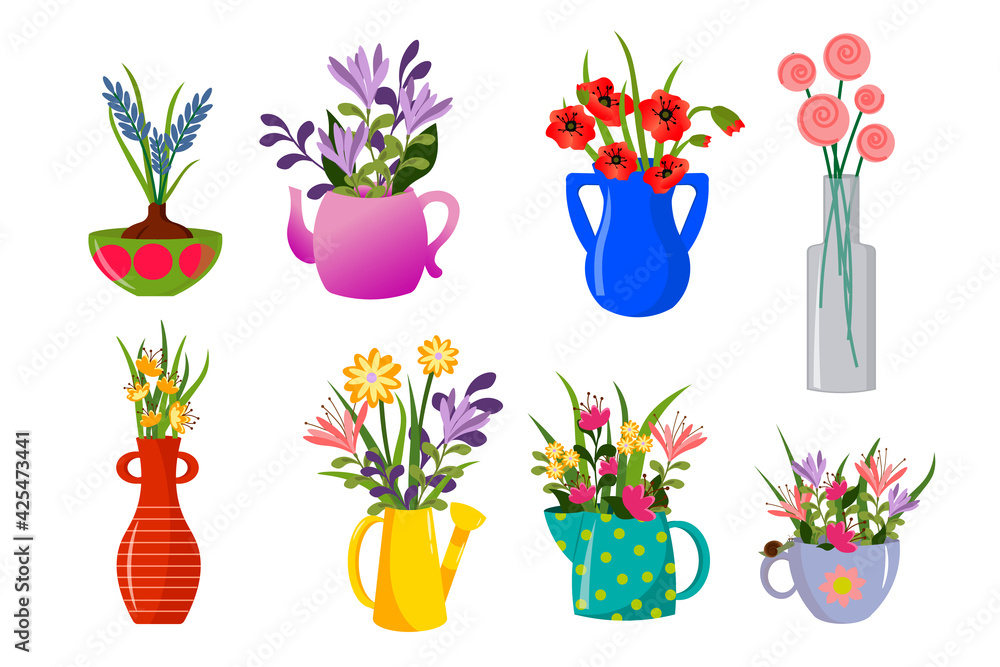 Decorative bouquets of flowers in different containers - a jug, a bowl, a teapot and a mug, a watering can and a bottle. Vector drawing on a white background. Modern illustration design for use in Decorative bouquets of flowers in different containers - a jug, a bowl, a teapot and a mug, a watering can and a bottle. Vector drawing on a white background. Modern illustration design for use in