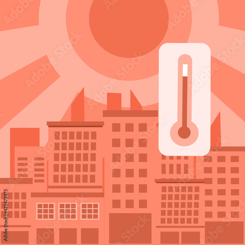 Hot climate in the city with strong sunlight and thermometer in flat design. Hot summer day concept.