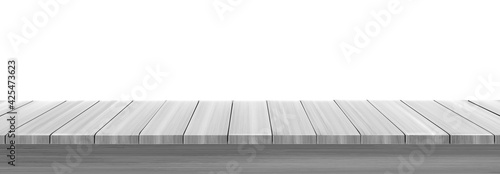 Wooden table top, desk or shelf isolated on white background. Vector realistic mockup of empty kitchen tabletop, bar counter or display stand from gray wood planks