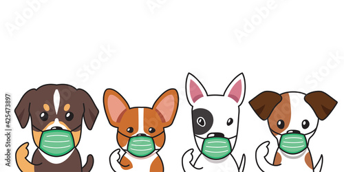 Set of cartoon character cute dogs wearing protective face masks for design.