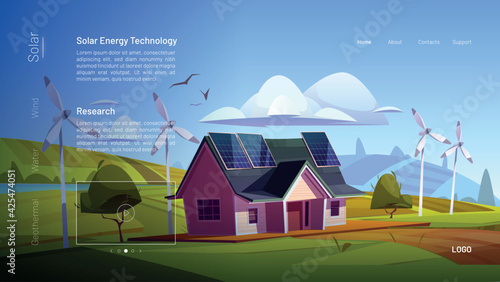 Solar energy technology cartoon landing page. Eco house with sun panels on roof. Ecofriendly home building with wind turbines, green renewable power generating, organic architecture vector web banner