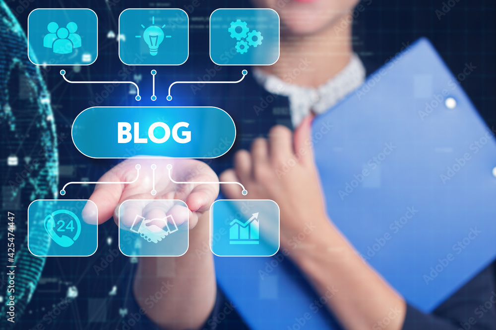 Business, Technology, Internet and network concept. Young businessman working on a virtual screen of the future and sees the inscription: Blog Business, Technology, Internet and network concept. Young businessman working on a virtual screen of the future and sees the inscription: Blog