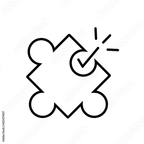 A ticked jigsaw piece of right matching icon symbol concept is good for development, agreement, or confirmed illustration. A line designed  simply to fit a good choice or option in correct sign shape