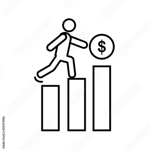 The movement icon is people running, walking or climbing to the success goal of money (financial stock profit). The sign is graph of money growth and marketing progress concept with elevating upstairs