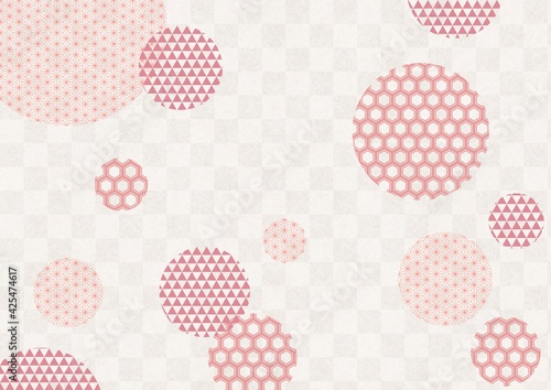 和柄のピンクの円と市松模様の背景イラスト