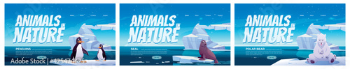 Animals in nature cartoon landing pages. Wild penguins, polar bear and seal sit on ice floes in sea. Antarctica or North Pole inhabitants in outdoor area, ocean. Beasts in fauna vector web banners set