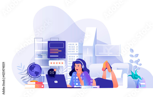 Student at distant learning scene. Woman watching video lecture, studies on laptop lying on floor at home. Online education, e-learning concept. Vector illustration of people characters in flat design
