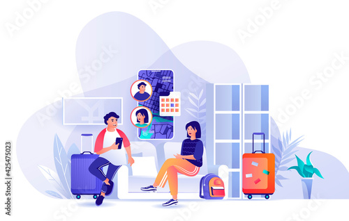 Couple travel to vacation together scene. Man and woman discussing route of travel, collected luggage. Tourism, summer recreation, trip concept. Vector illustration of people characters in flat design