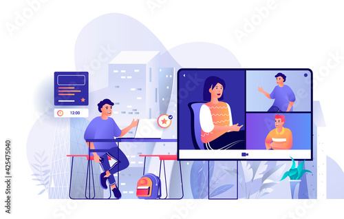 Video conference scene. Man meeting with colleagues friends via video calling on computer screen. Online communication, distant office concept. Vector illustration of people characters in flat design