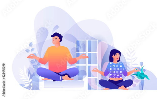 Couple doing yoga at home scene. Man and woman sitting in lotus position. Healthy lifestyle, meditation and contemplation, wellness concept. Vector illustration of people characters in flat design