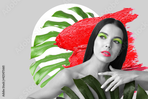 Creative collage with beautiful young woman, tropical leaves and lipstick strokes