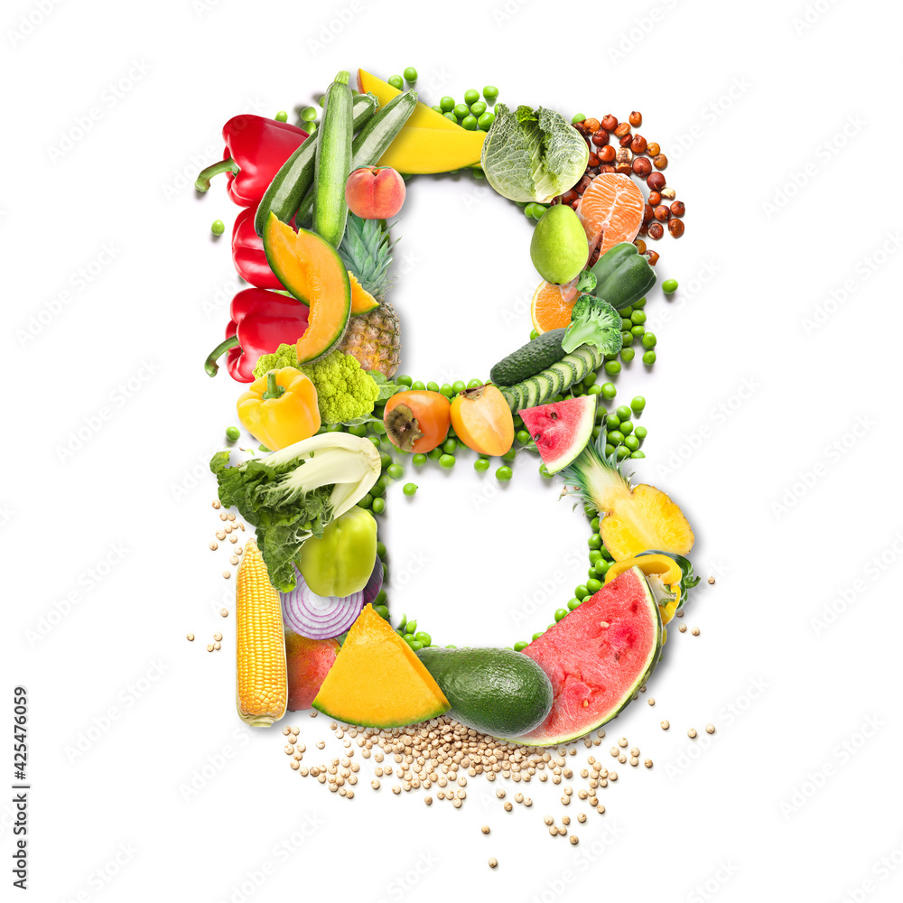 Letter B made of healthy products on white background