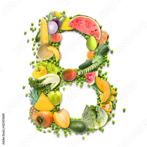 Letter B made of healthy products on white background