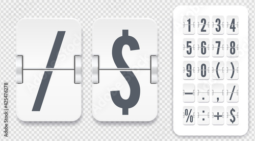 Vector Numeric template for time design. Set of flip scoreboard with numbers symbols and shadows for white countdown timer or alarm watch on light background.