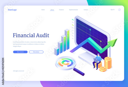 Financial audit isometric landing page, business account tax report concept, tiny businessman with laptop at huge pc monitor, column chart and magnifier use analysis application, 3d vector web banner