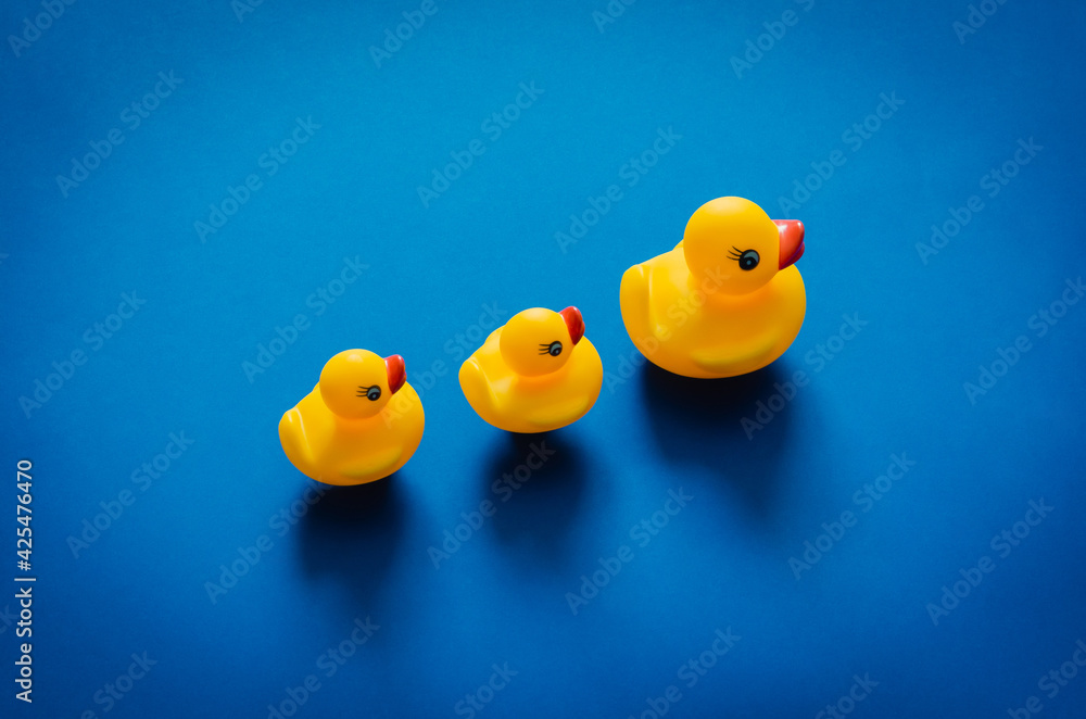 Yellow rubber duck mother leading her babies on blue background. Minimal mother day concept. Yellow rubber duck mother leading her babies on blue background. Minimal mother day concept.