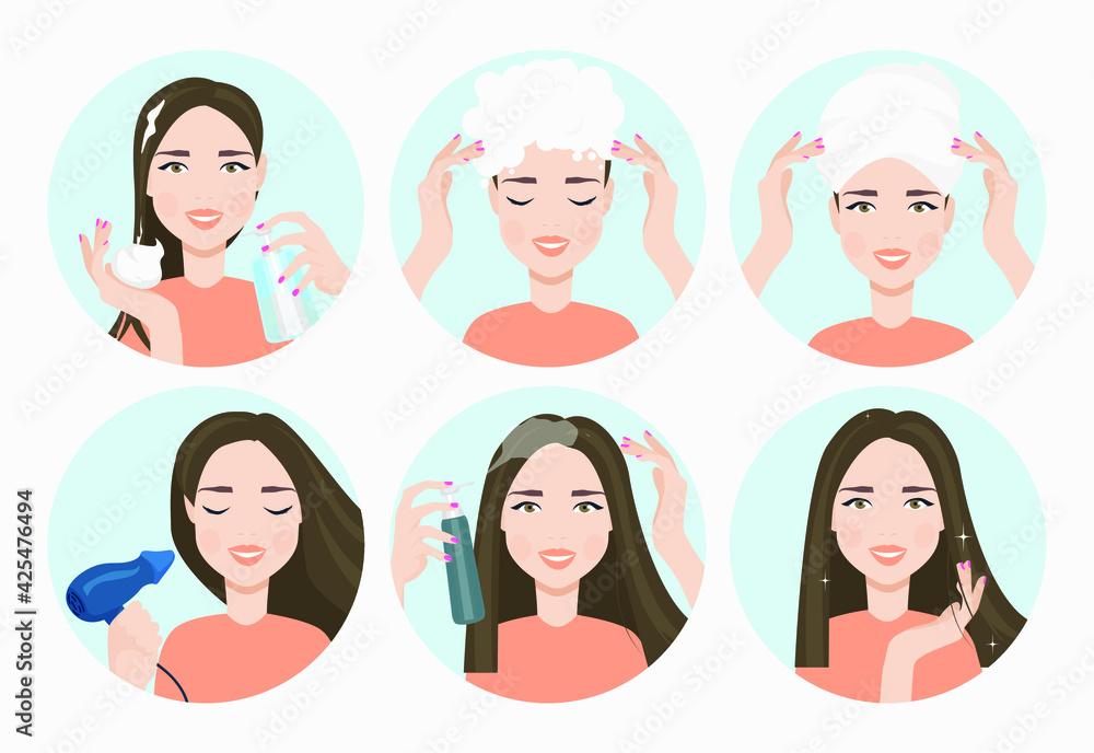 Beauty fashion girl do different hair care and styling procedures. Woman Making Haircare Procedures. How to care for your hair and style them instruction. Hair treatment procedure. Isolated vector Beauty fashion girl do different hair care and styling procedures. Woman Making Haircare Procedures. How to care for your hair and style them instruction. Hair treatment procedure. Isolated vector