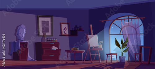 Artist studio at night, empty room interior with art stuff canvas on easel, paint, brushes and colored pencils on wood desk, plaster head, frames for pictures, potted plant Cartoon vector illustration