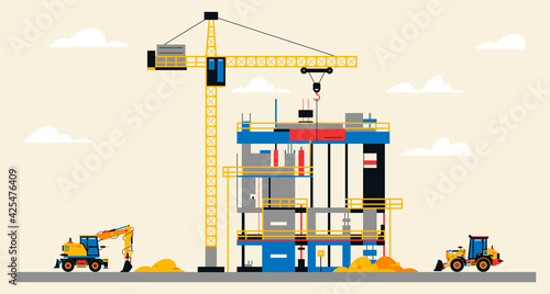 Construction site illustration. Building under construction. Heavy machinery work on site, excavator and tractor, large crane, unfinished building. Vector illustration, flat design.