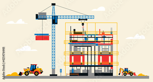 Construction site illustration. Building under construction. Heavy machinery work on site, excavator, large crane, unfinished building. Vector illustration, flat design.