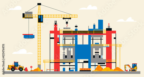 Construction site illustration. Building under construction. Heavy machinery work on site, large crane, unfinished building. Vector illustration, flat design.