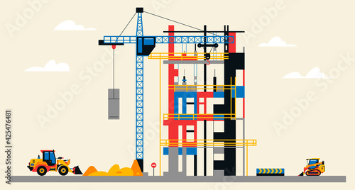 Construction site illustration. Building under construction. Heavy machinery work on site, large crane, unfinished building. Vector illustration, flat design.
