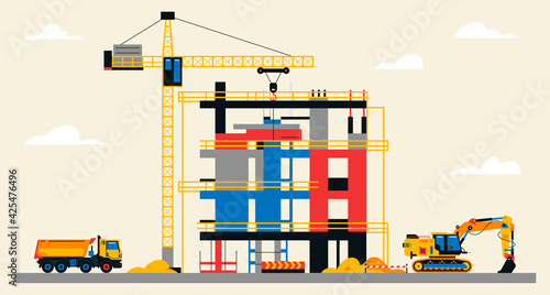 Construction site illustration. Building under construction. Heavy machinery work on site, excavator, large crane, unfinished building. Vector illustration, flat design.