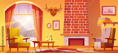 Chalet house interior with fireplace and mountains behind window. Vector cartoon illustration of traditional lodge, mountain cottage living room with chairs and horns on wall