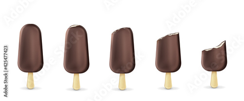 Popsicle ice cream on stick row from whole to bitten. Frozen. summer dessert of brown color made of fresh cream covered with chocolate isolated on white background. Realistic 3d vector icons set