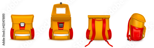 Kids school bag, backpack or rucksack with webbing, orange and red colors knapsack different angle view. Student backpack or schoolbag isolated on white background, Realistic 3d vector icons set