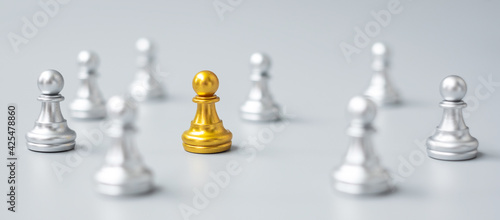 golden chess pawn pieces stand out of people. Different  unique  individual and Social distancing prevent coronavirus infection concept