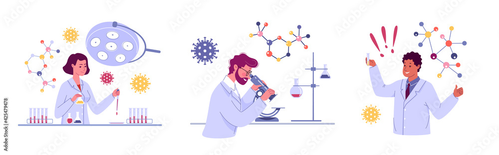 In the laboratory, a group of scientists conducts experiments. A doctor looks through a microscope in a laboratory and conducts a study. Researchers are working on a new generation of vaccines. - obrazy, fototapety, plakaty 