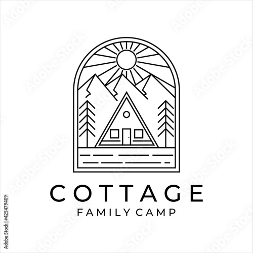 cottage or cabin line art minimalist simple vector logo illustration design. cottage at mountain forest of pine tree line art logo concept icon minimalist simple vector illustration design