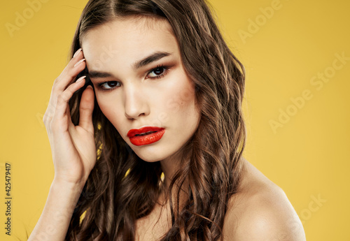 Woman red lips dark hair brunettes model