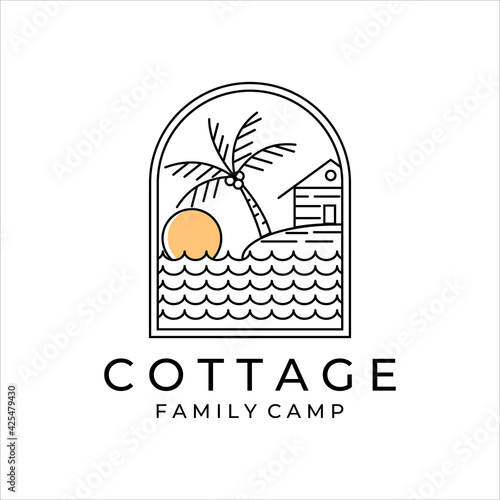 cottage or cabin line art simple minimalist vector logo illustration design. badge cottage at the beach and palm tree family camp line art minimalist vector logo concept icon simple design