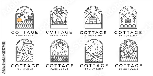 set of cottage or cabin line art minimalist simple vector logo illustration design. bundle collection of cottage or cabin at the mountain forest and the beach for logo line art concept vector design