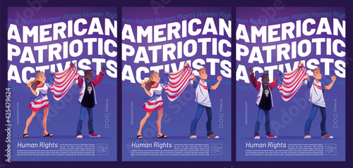 American patriotic activists poster with people holding USA flag. Vector flyers with cartoon illustration of woman and african american man on demonstration for human rights